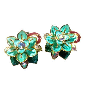 Mulan Lotus Hair Clip Barrette Blue/Green Enamel Gold Tone Euro Disney Licensed